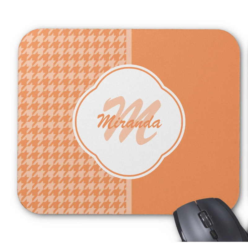 Fashionable Orange Houndstooth Monogram and Name Mouse Pad