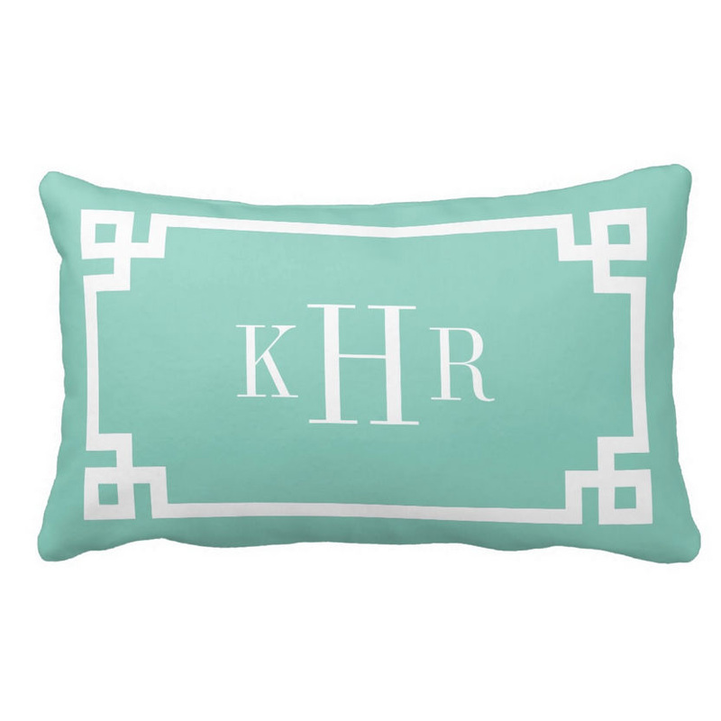 Classic Aqua Green and White Greek Key Border Custom Monogram Pillow