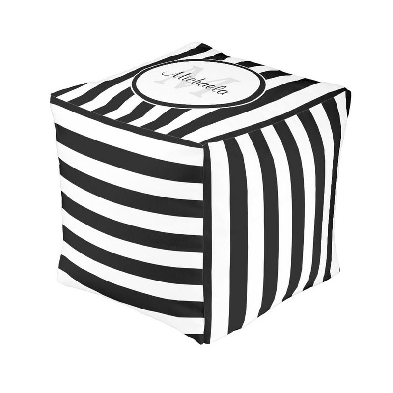 Contemporary Black and White Stripes With Monogram and Name Cube Pouf