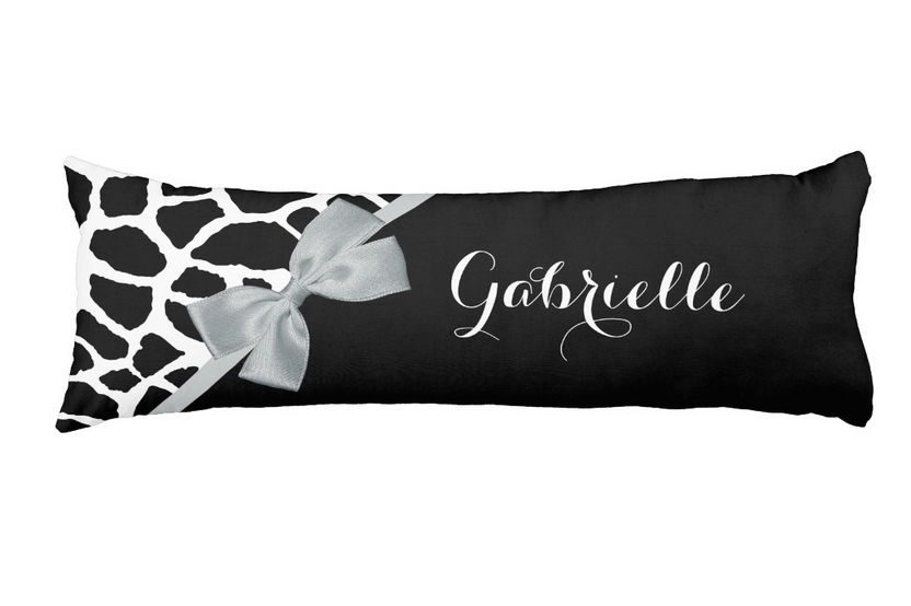 Chic Black and White Giraffe Print With Silver Bow and Name Body Pillow