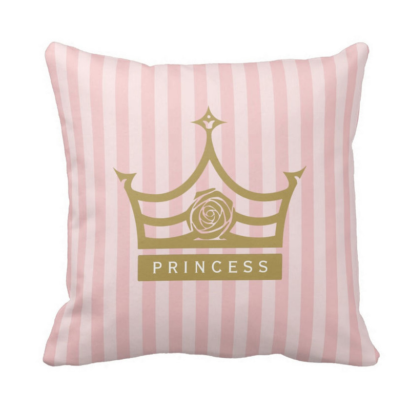 Chic Pink Stripes and Gold Rose Princess Crown Personalized Girly Throw Pillow