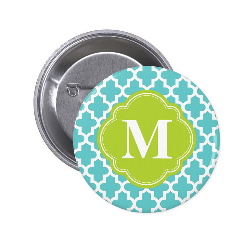  Modern Moroccan Turquoise and Green Custom Monogram 2 Inch Round Button