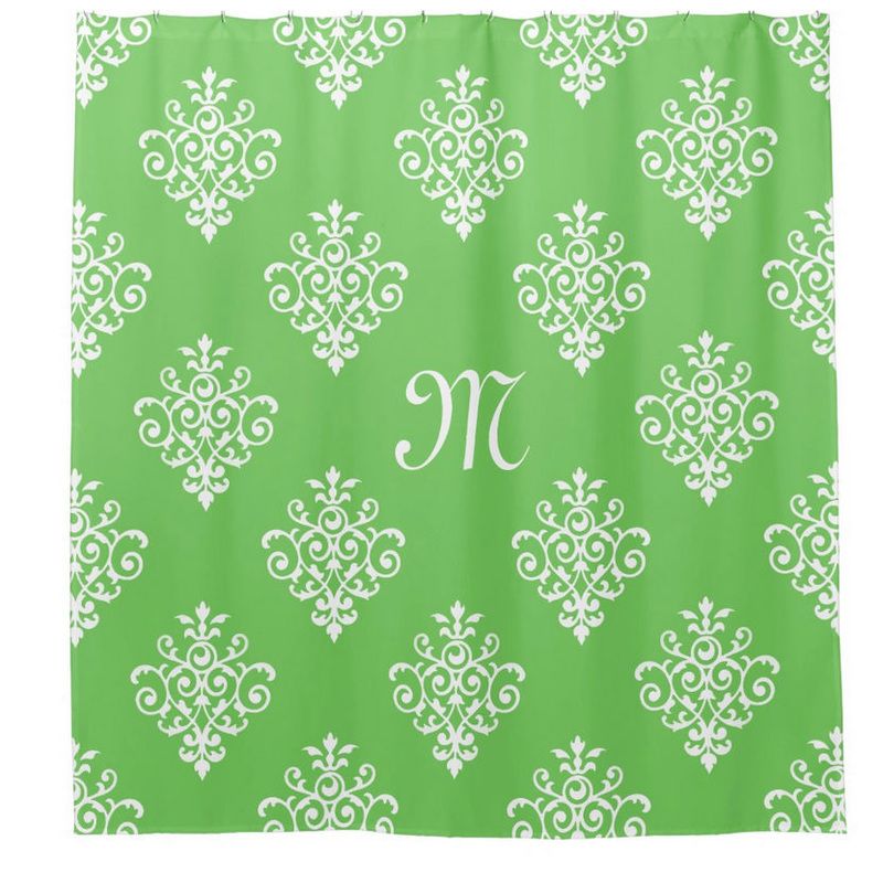 Modern Monogrammed Bright Green Damask Pattern Shower Curtain