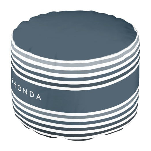 Posh Thick Stripes With Name in Reflecting Pond Blue Round Pouf