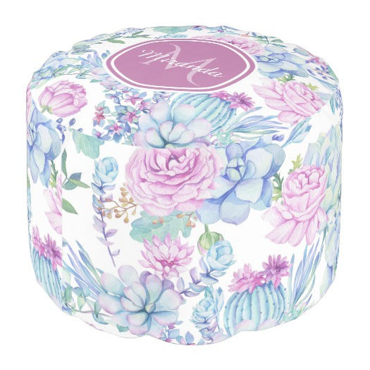 Elegant Purple and Blue Succulent Floral With Name Round Pouf
