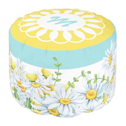 Girly Aqua and White Stripe With Yellow Daisies and Name Round Pouf