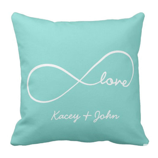 Infinity Love Loop Aqua and White With Couple Names Square Throw Pillow