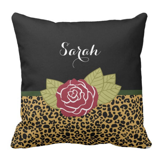Chic Brown Gold Leopard Print Red Rose With Name Square Throw Pillow