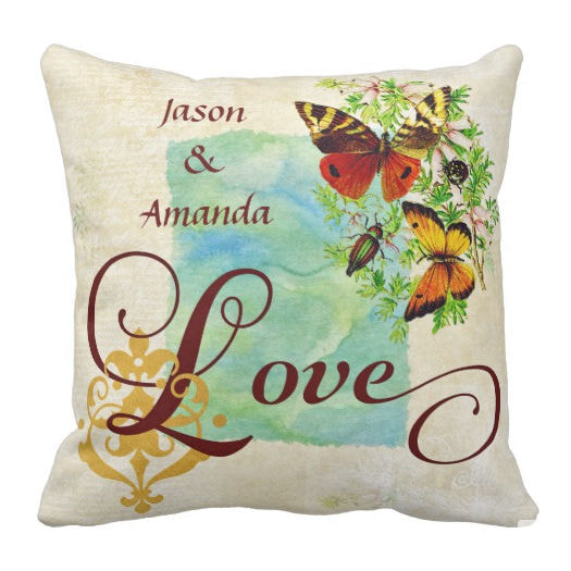 Vintage Love Butterflies and Damask With Name Square Throw Pillow