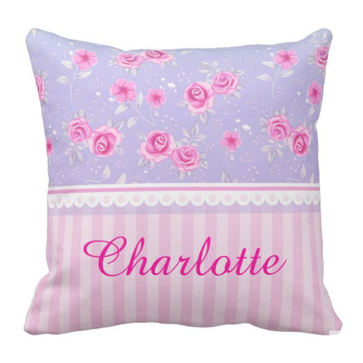 Cute Girly Pink Pink Floral Pattern Custom Name Square Throw Pillow