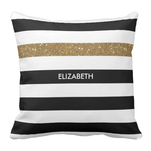Modern Black Stripes Faux Gold Glitz and Name Square Throw Pillow