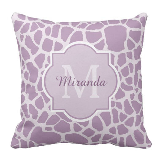 Chic Purple Giraffe Print With Monogram and Name Square Throw Pillow
