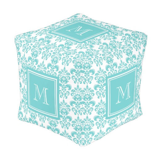 Chic Light Turquoise and White Damask With Square Monogram Cubed Pouf