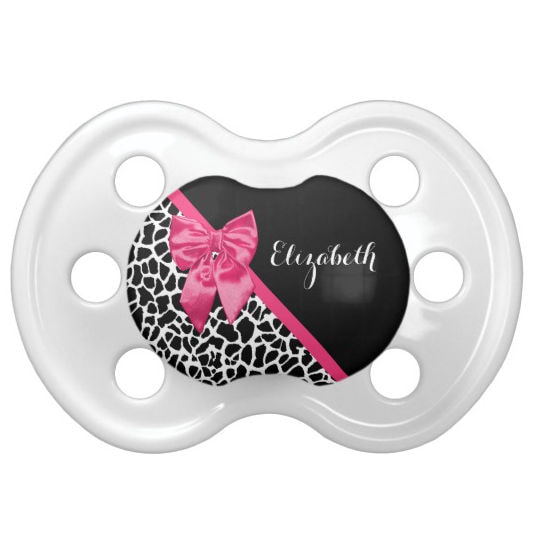 Girly Black and White Giraffe Animal Print With Cute Hot Pink Bow Pacifier