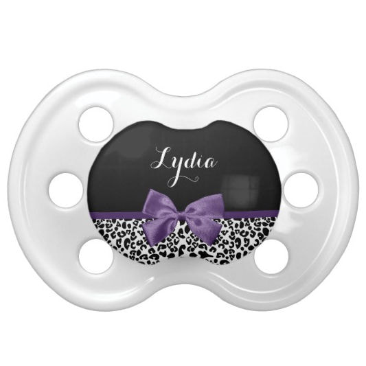 Girly Leopard Print Pretty Purple Ribbon With Name Pacifier