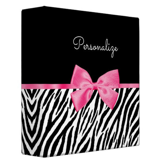 Trendy Zebra Print With Chic Hot Pink Ribbon Style Bow and Name 3 Ring Binder