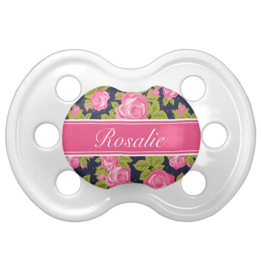 Elegant Pink and Navy Vintage Roses With Pink Stripe For Name Pacifier