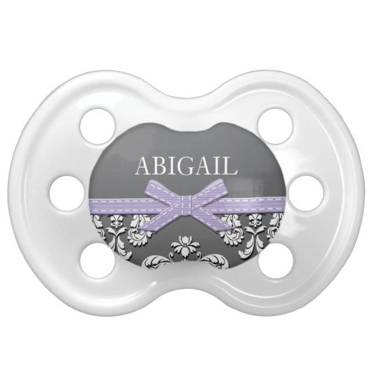 Vintage Gray and White Damask With Stylish Lavender Bow and Name Pacifier