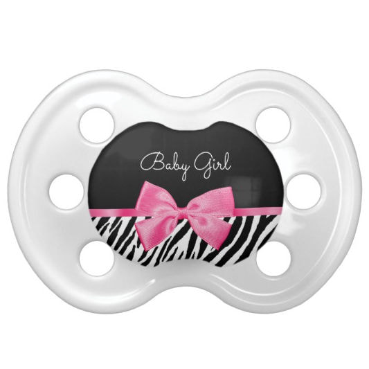 Trendy Black and White Zebra Print Chic Hot Pink Bow and Name Pacifier