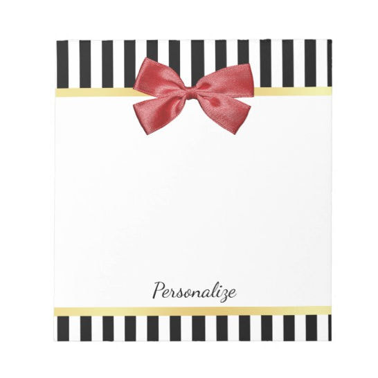 Classy Red Bow Black and White Stripes With Name Notepad