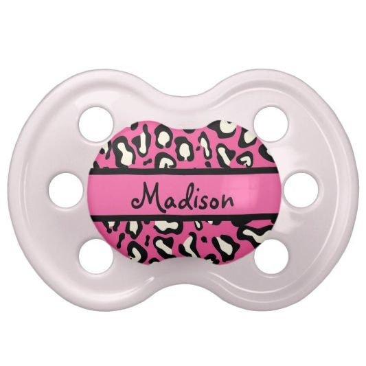 Personalized Girly Black and Pink Leopard Pattern With Girl Name Pacifier