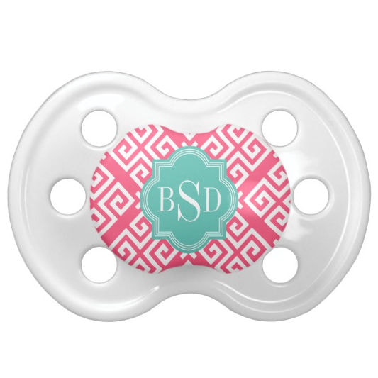 Chic Hot Pink Girly Greek Pattern With Pretty Mint Monogram Pacifier