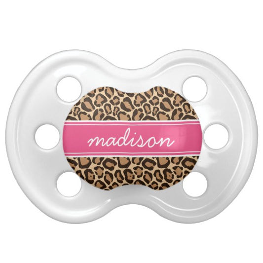 Trendy Bright Pink Name and Brown Leopard Print Custom Pacifier
