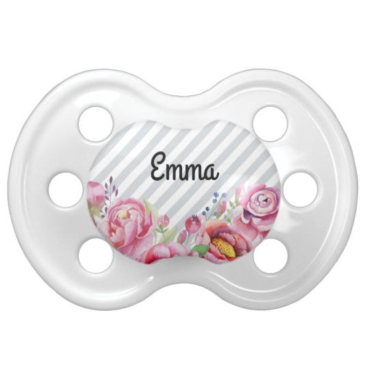 Pretty Pink Flowers and Soft Gray Stripes With Baby Name Pacifier