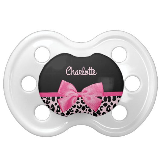 Girly Pink Black and Leopard Print Cute Bow With Baby Name Pacifier