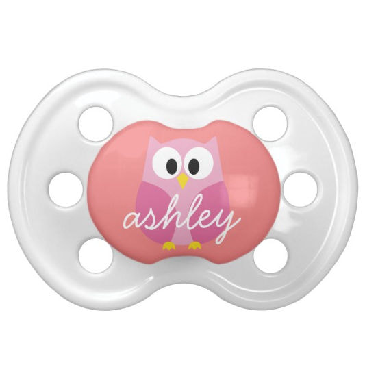Cute Cartoon Owl in Pink and Coral With Name For Baby Girl Pacifier