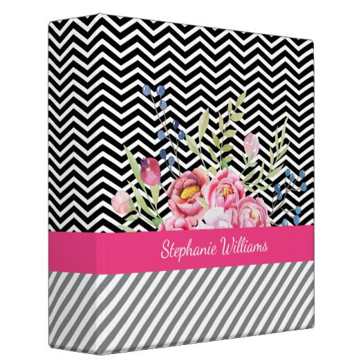 Chic Pink Floral With Black and White Chevrons and Name Binder