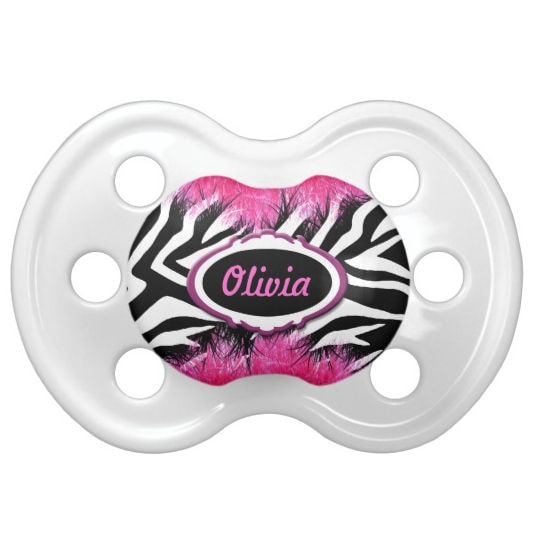 Chic and Trendy Zebra Print With Hot Pink Feathers Girly Personalized Diva Pacifier