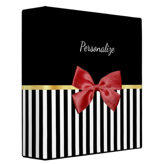 Classy Red Bow With Black and White Stripes and Name Binder